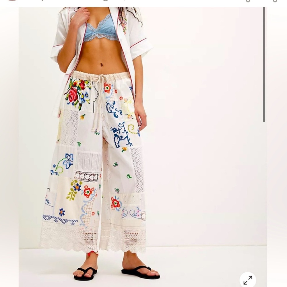 Free People White Patchwork Embroidered Wide-Leg Pants